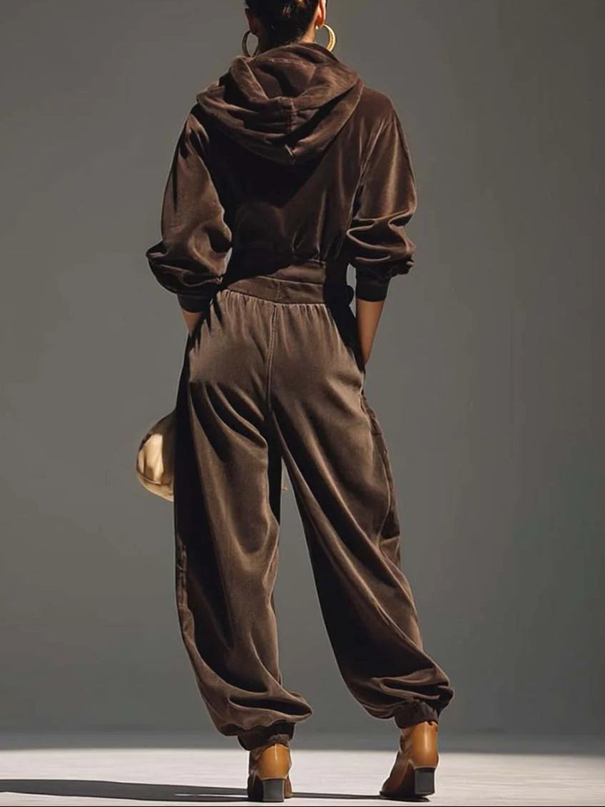 Mia™ – Vintage brown velvet hoodie and loose-fitting trousers set (Includes belt）