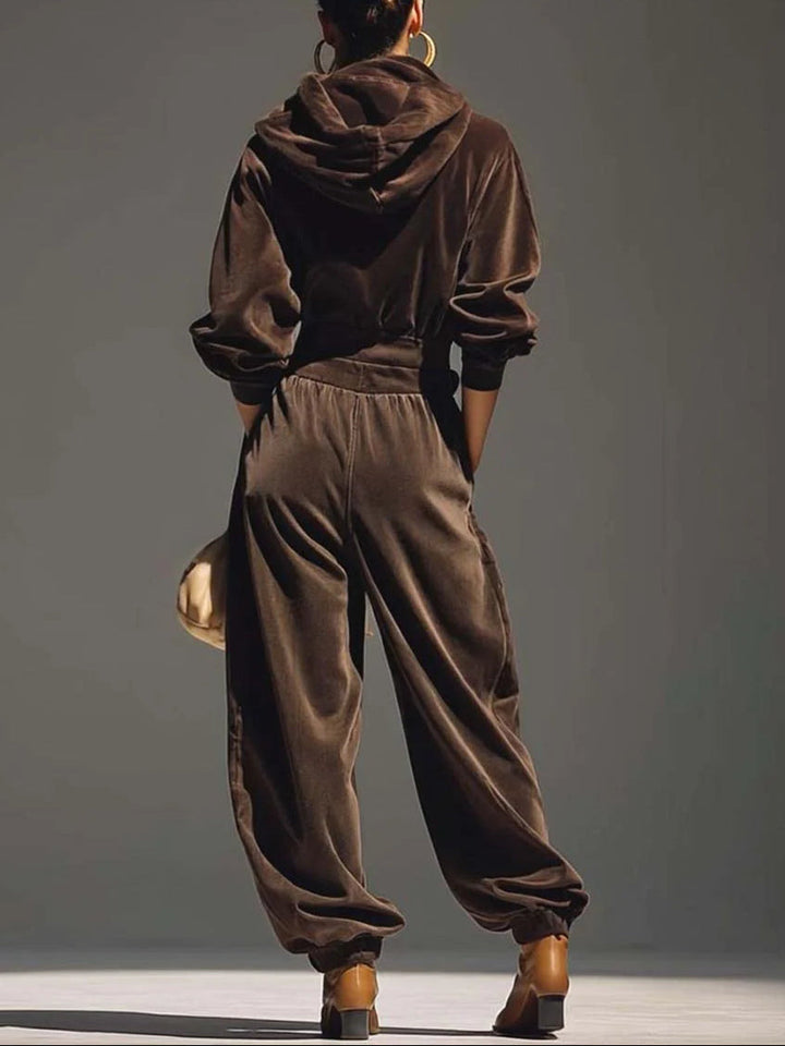 Mia™ – Vintage brown velvet hoodie and loose-fitting trousers set (Includes belt）