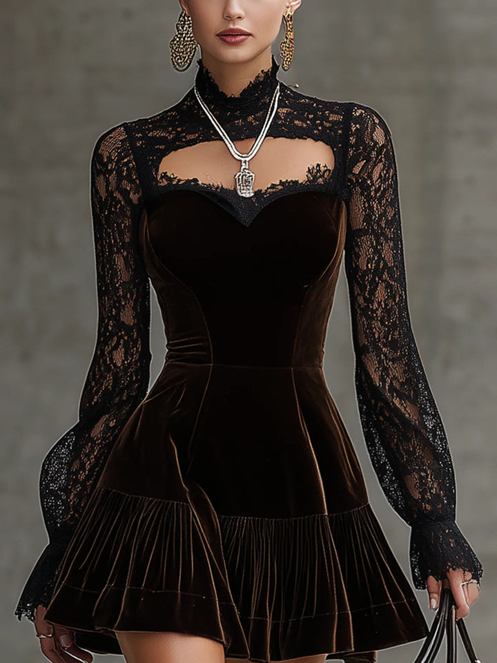 Zinnia™ – Velvet-trimmed lace-sleeved cutout fitted mini dress