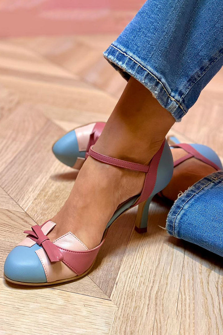 Colour Block Bow Closed Round Toe Ankle Strap Stilettos