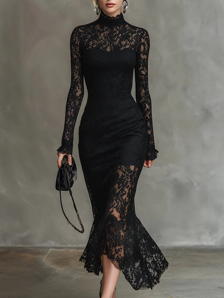 Elisabetta™ – Elegant Black Stretch Lace Fishtail Maxi Dress