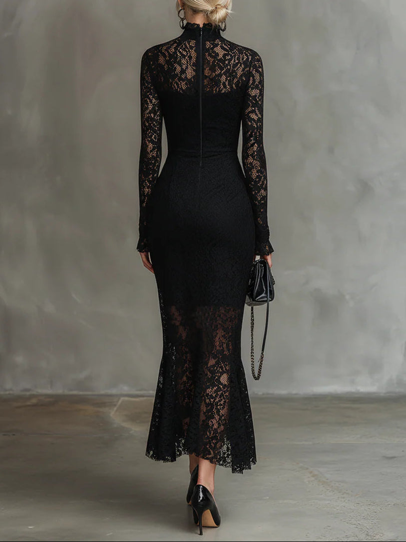 Elisabetta™ – Elegant Black Stretch Lace Fishtail Maxi Dress