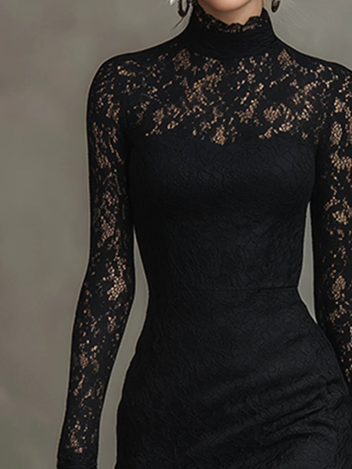 Elisabetta™ – Elegant Black Stretch Lace Fishtail Maxi Dress