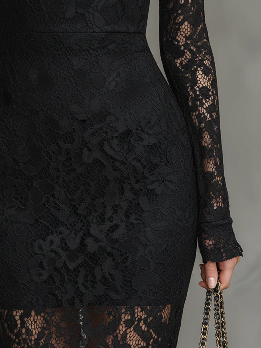 Elisabetta™ – Elegant Black Stretch Lace Fishtail Maxi Dress