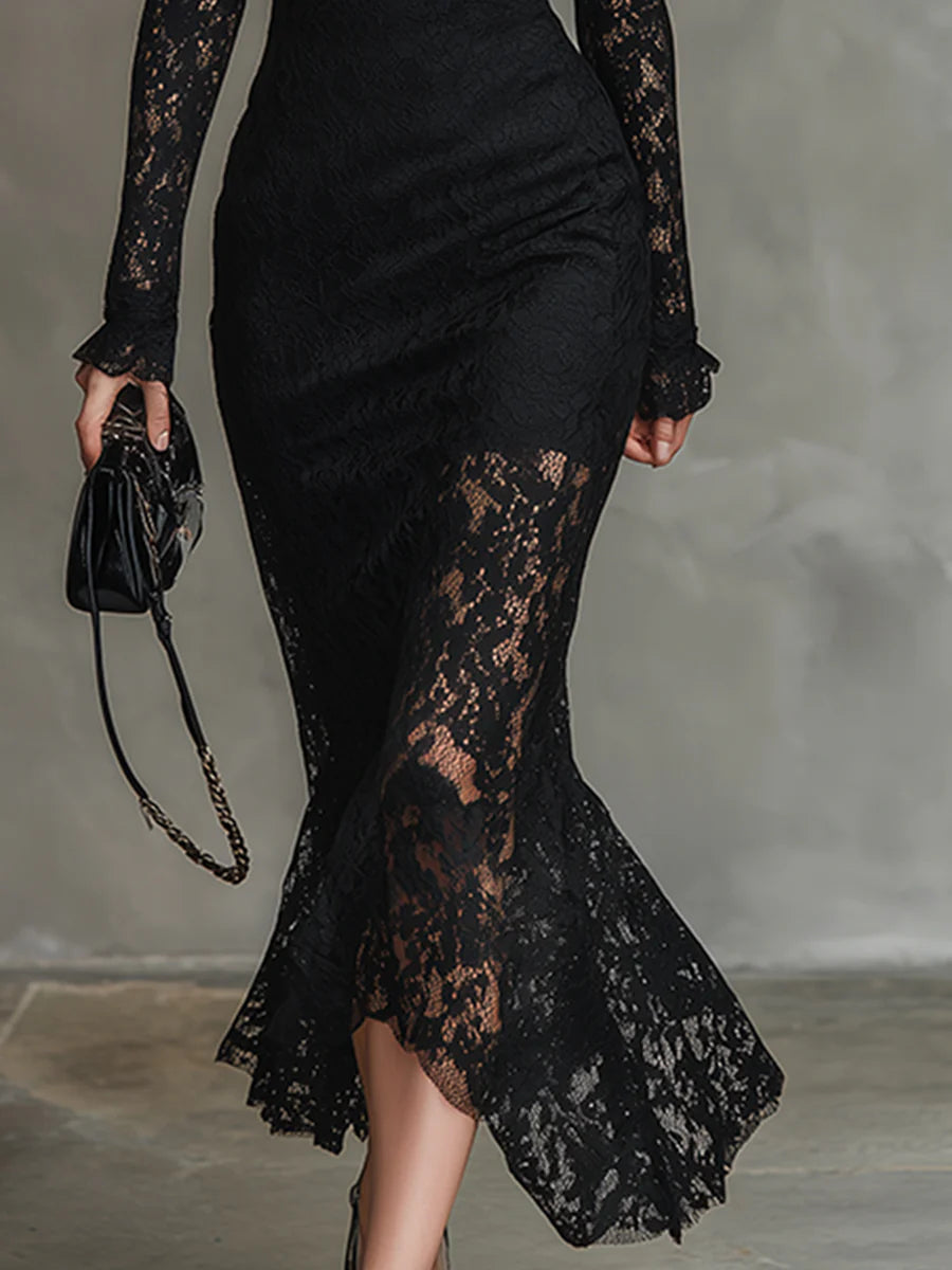 Elisabetta™ – Elegant Black Stretch Lace Fishtail Maxi Dress