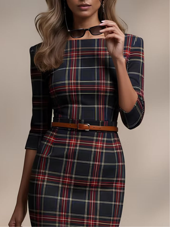 Classic plaid three-quarter sleeve midi dress