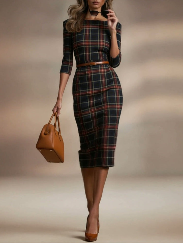 Classic plaid three-quarter sleeve midi dress