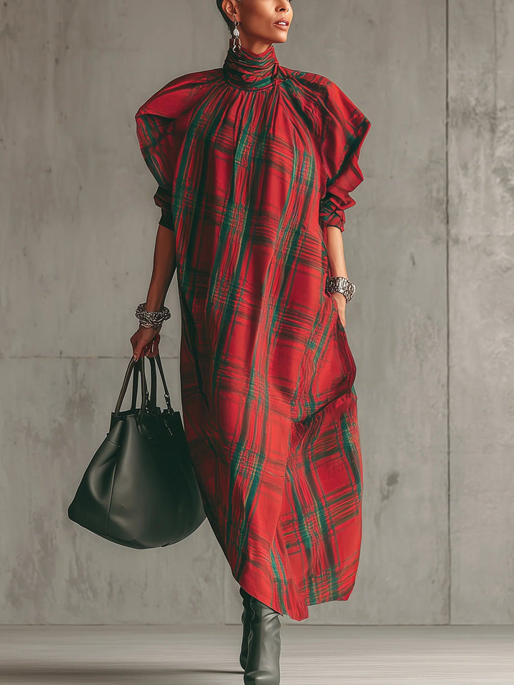 Tilly™ – Red plaid loose-fitting short-sleeved long dress
