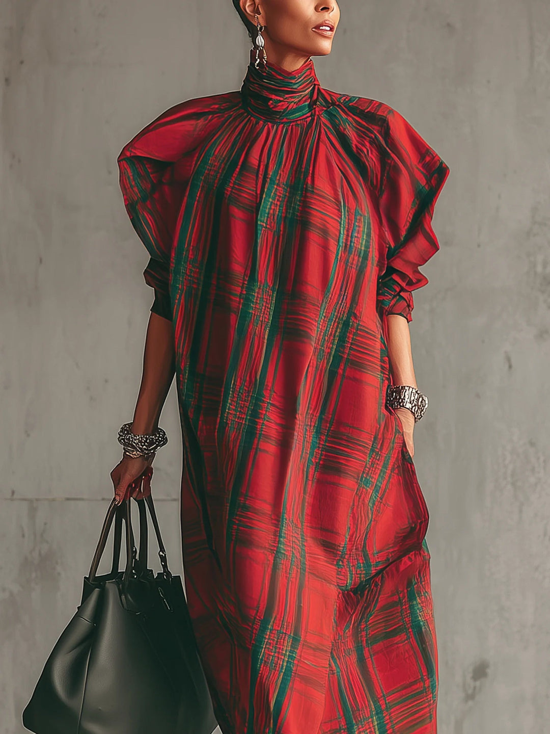 Tilly™ – Red plaid loose-fitting short-sleeved long dress