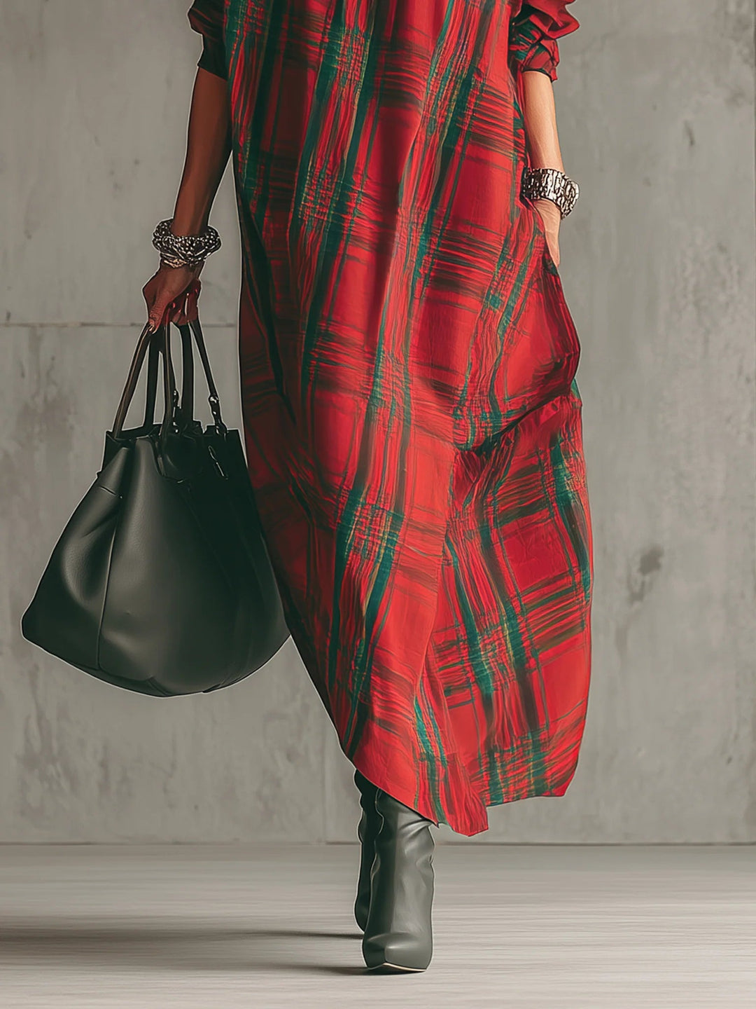 Tilly™ – Red plaid loose-fitting short-sleeved long dress