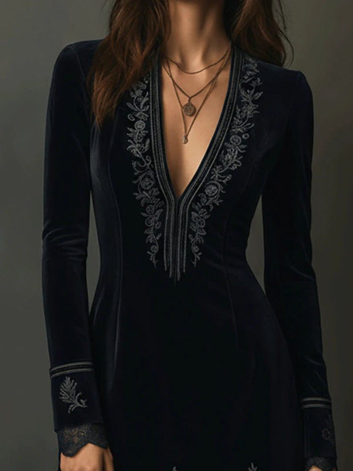 Josephine™ – Retro Black Velvet Embroidered Lace Trim Mini Dress