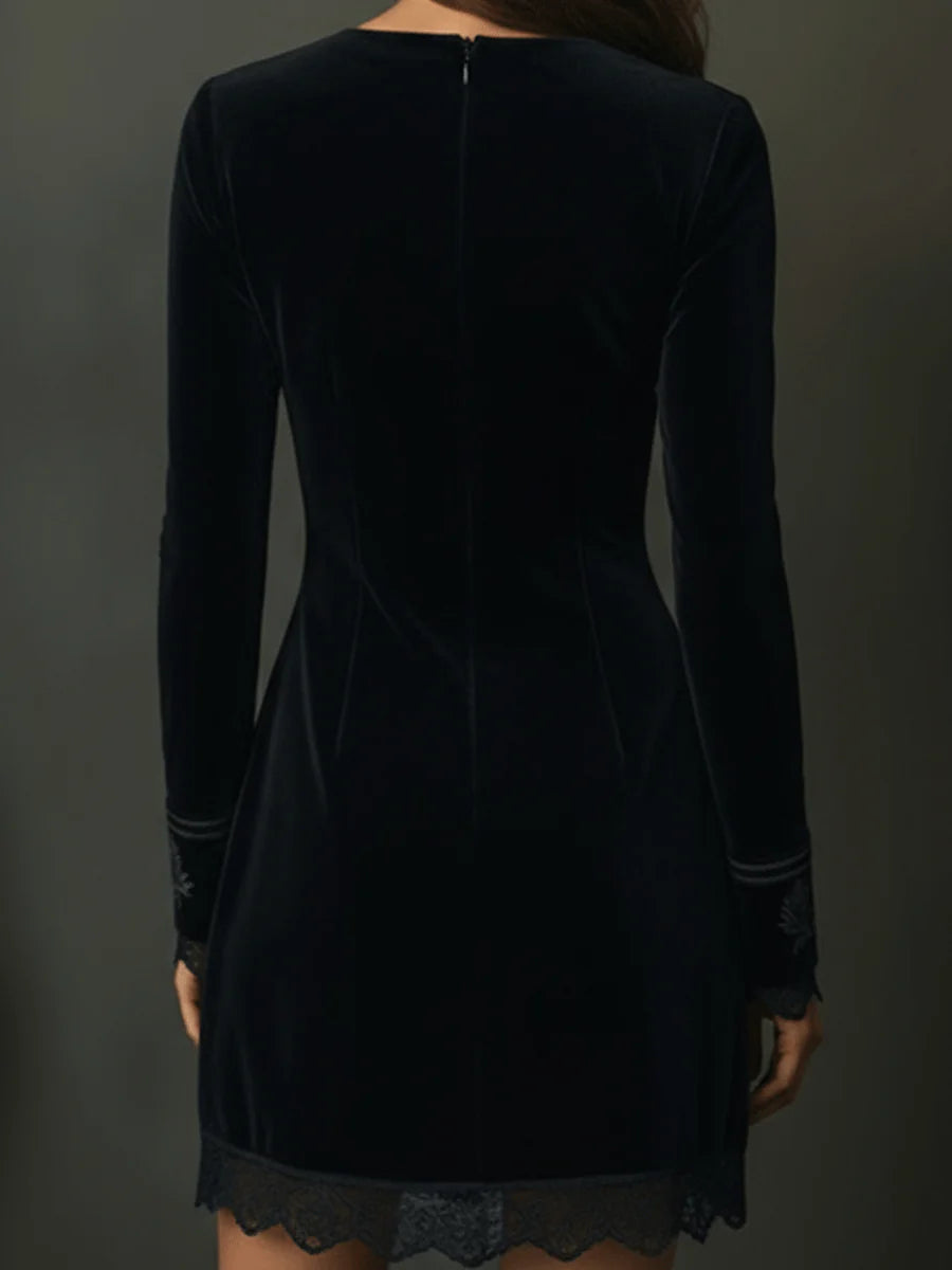Josephine™ – Retro Black Velvet Embroidered Lace Trim Mini Dress