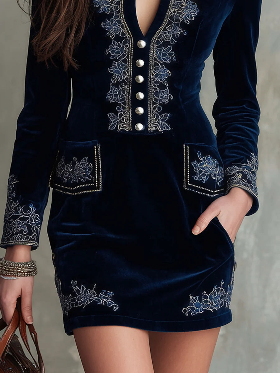 Keira™ – Vintage Embroidered Fitted Velvet Mini Dress