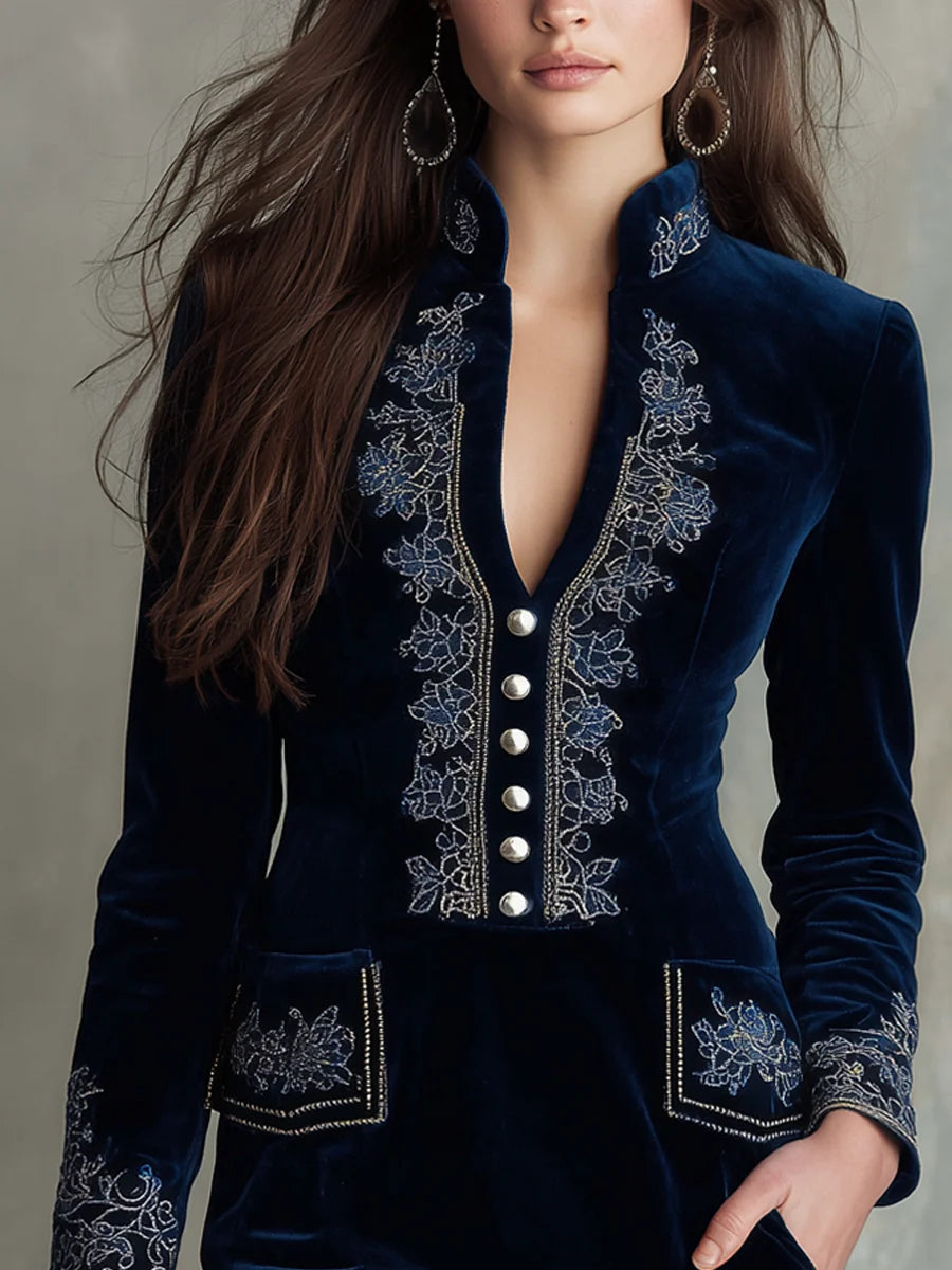 Keira™ – Vintage Embroidered Fitted Velvet Mini Dress