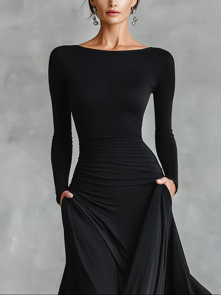 Adele™ – Modern Long Dress in Black Crepe with Boat Neck and Pleats
