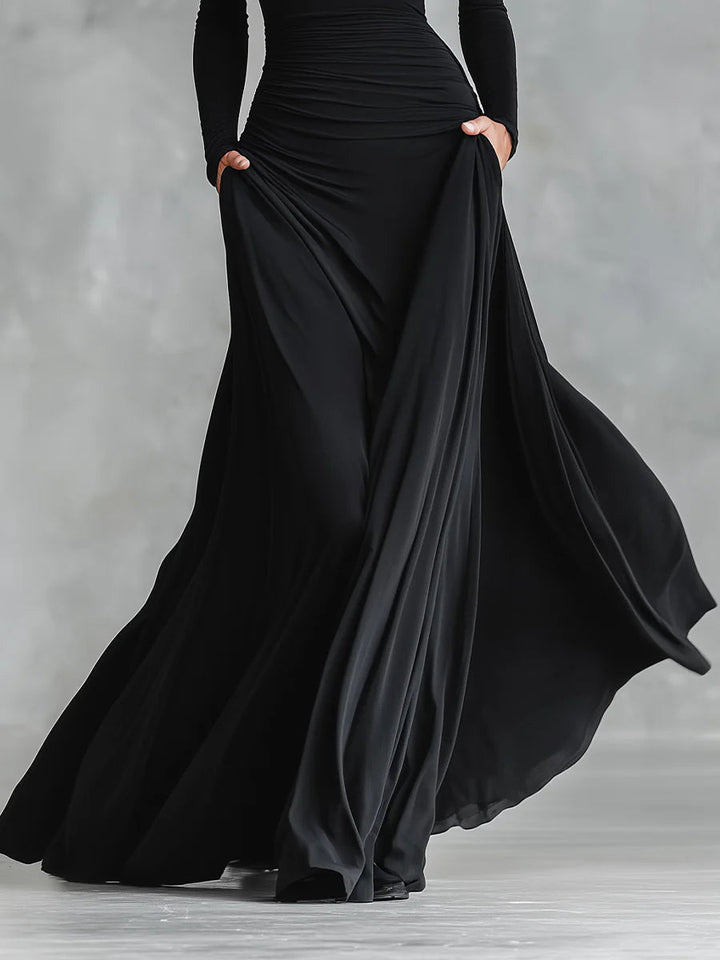 Adele™ – Modern Long Dress in Black Crepe with Boat Neck and Pleats