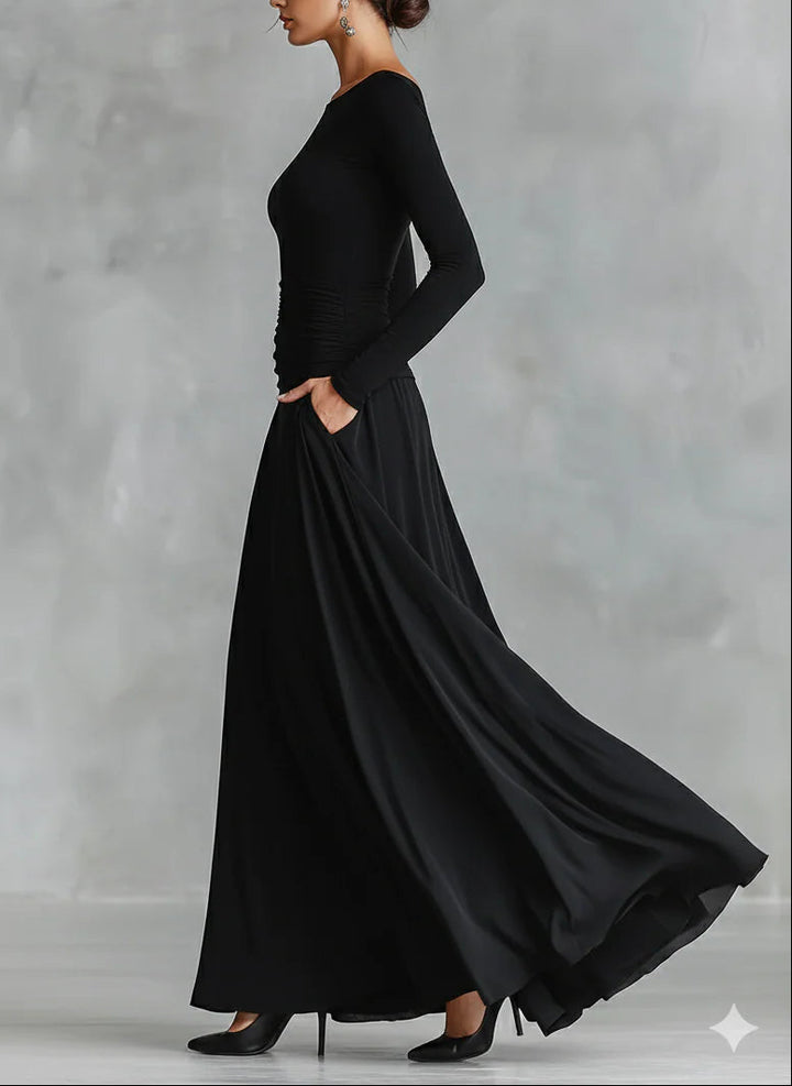 Adele™ – Modern Long Dress in Black Crepe with Boat Neck and Pleats