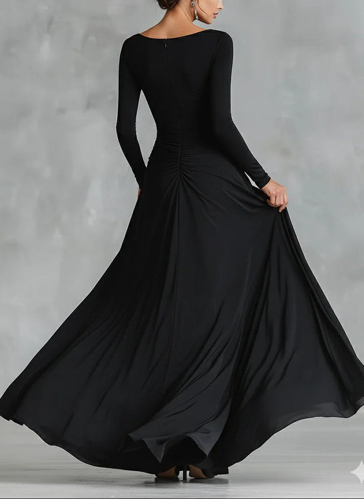 Adele™ – Modern Long Dress in Black Crepe with Boat Neck and Pleats