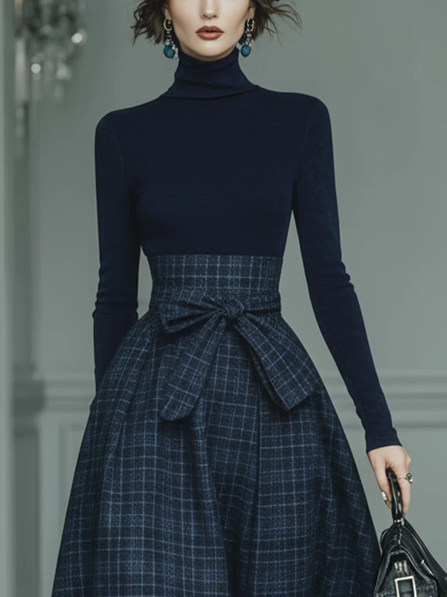 Hope™ – Dark blue turtleneck stretch top and plaid skirt set