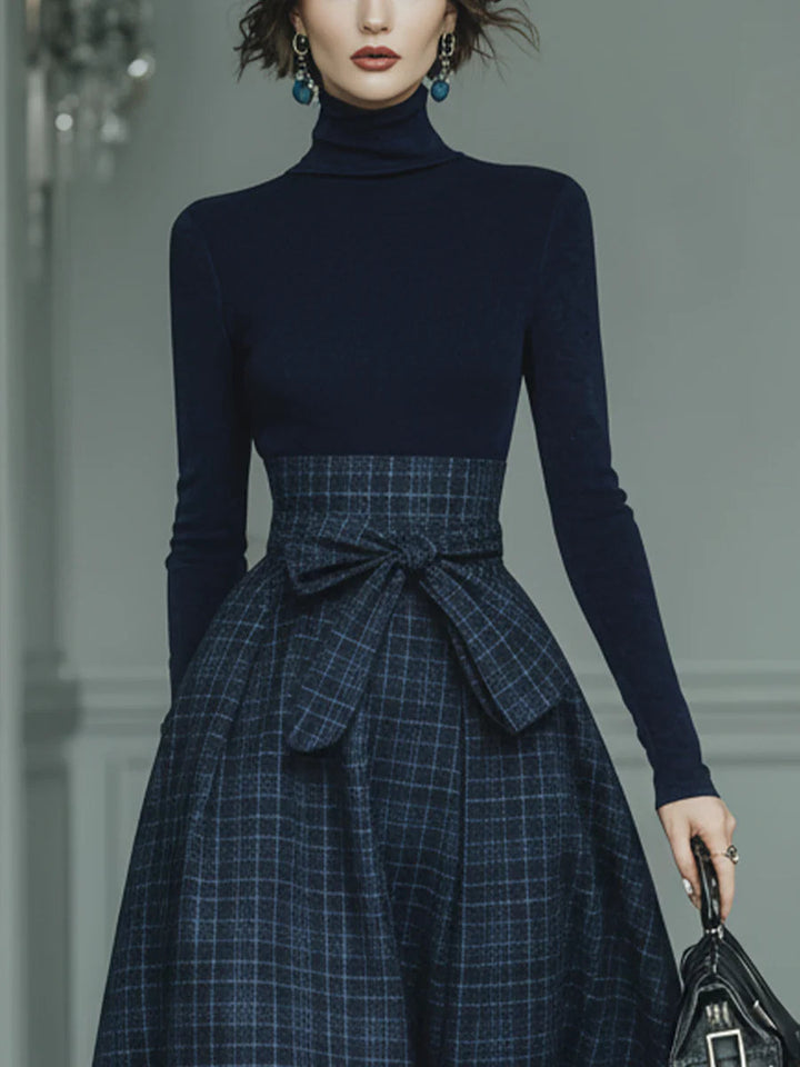 Hope™ – Dark blue turtleneck stretch top and plaid skirt set