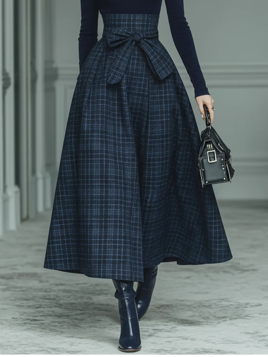 Hope™ – Dark blue turtleneck stretch top and plaid skirt set