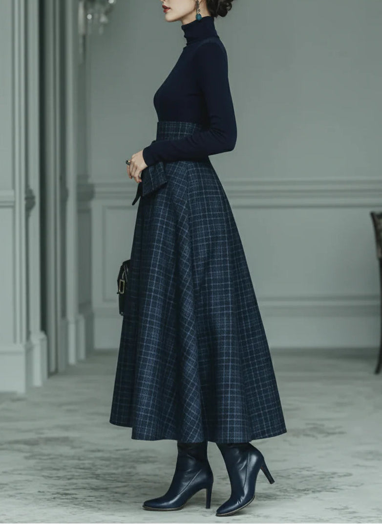 Hope™ – Dark blue turtleneck stretch top and plaid skirt set