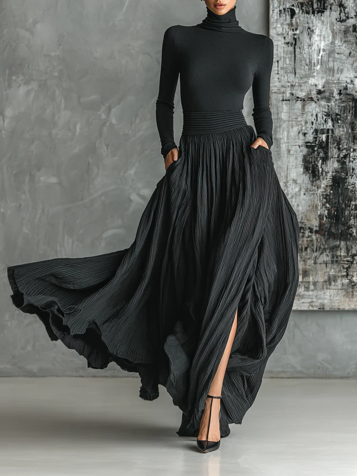 Soraya™ – Pleated Skirt and Black Long Sleeve Fitted T-shirt Set