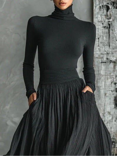 Soraya™ – Pleated Skirt and Black Long Sleeve Fitted T-shirt Set