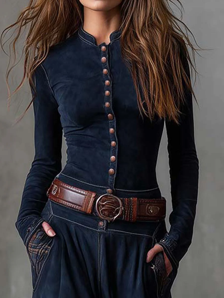 Robyn™ – Navy Plaid Paneled Vintage Suede Maxi Dress (with belt)