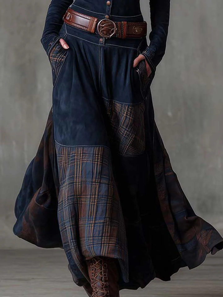 Robyn™ – Navy Plaid Paneled Vintage Suede Maxi Dress (with belt)