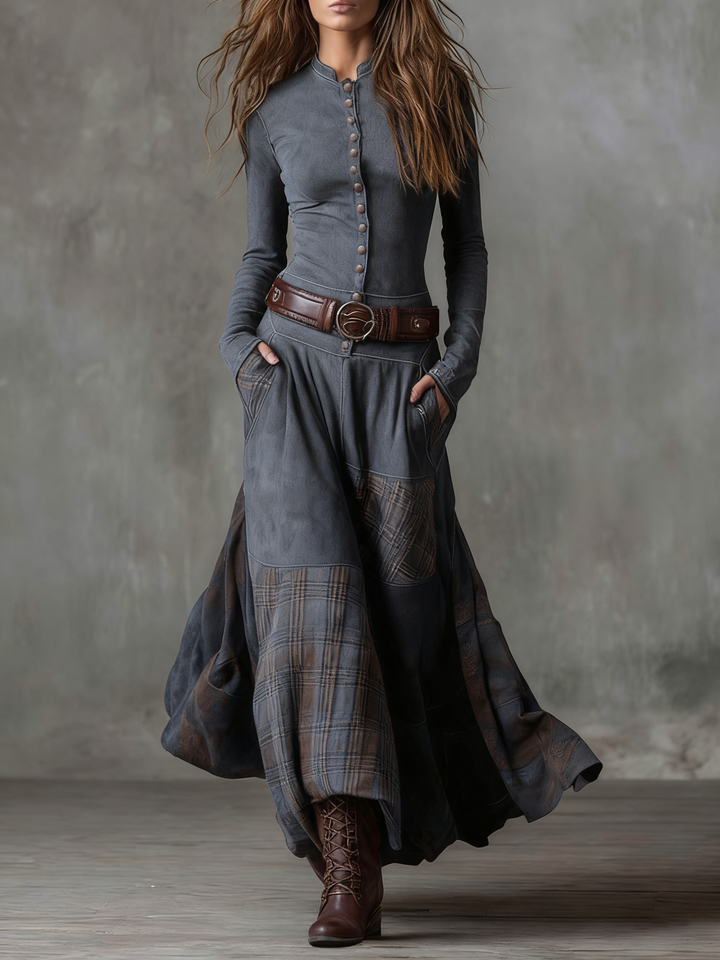 Robyn™ – Navy Plaid Paneled Vintage Suede Maxi Dress (with belt)