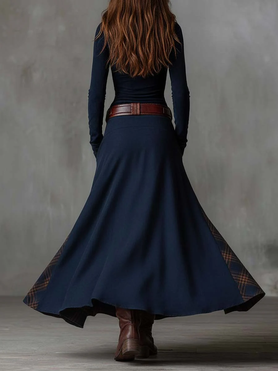 Robyn™ – Navy Plaid Paneled Vintage Suede Maxi Dress (with belt)