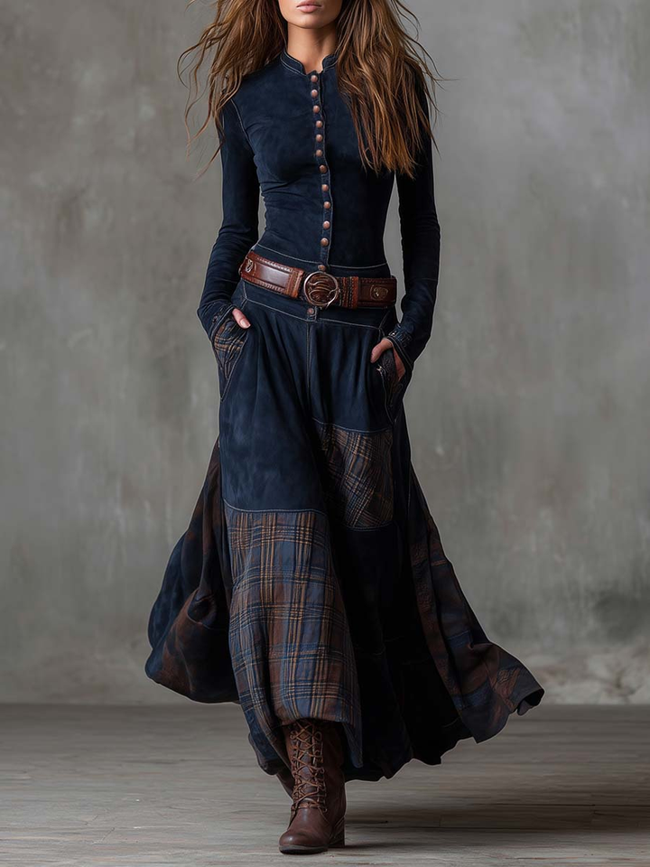 Robyn™ – Navy Plaid Paneled Vintage Suede Maxi Dress (with belt)