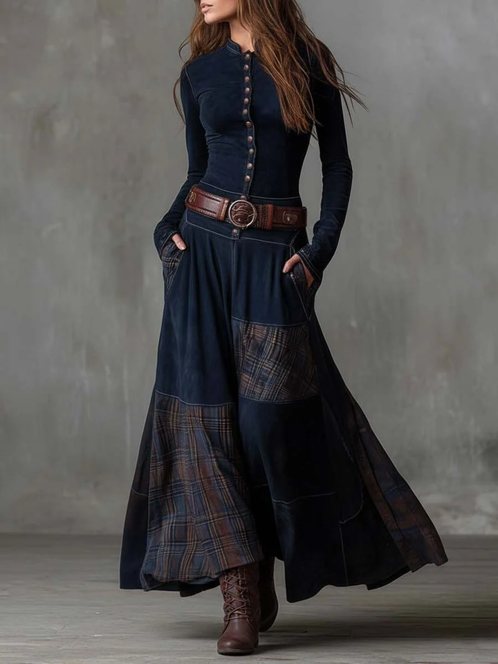 Robyn™ – Navy Plaid Paneled Vintage Suede Maxi Dress (with belt)