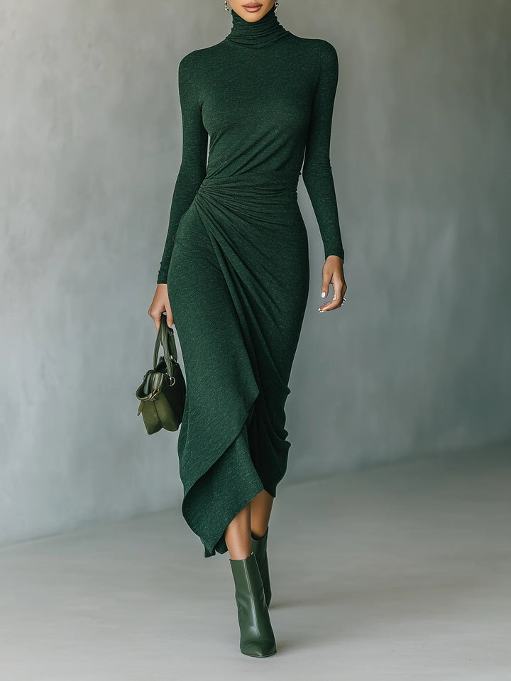 Lenora™ – Asymmetrical Wrap Midi Dress with Pleats and High Neck in Dark Green