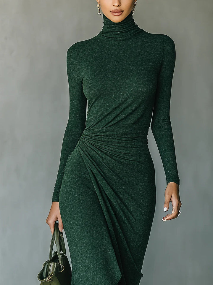 Lenora™ – Asymmetrical Wrap Midi Dress with Pleats and High Neck in Dark Green