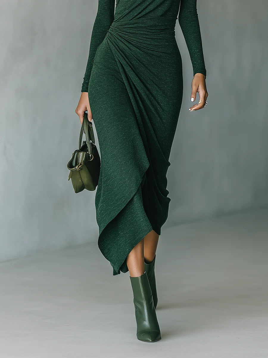 Lenora™ – Asymmetrical Wrap Midi Dress with Pleats and High Neck in Dark Green
