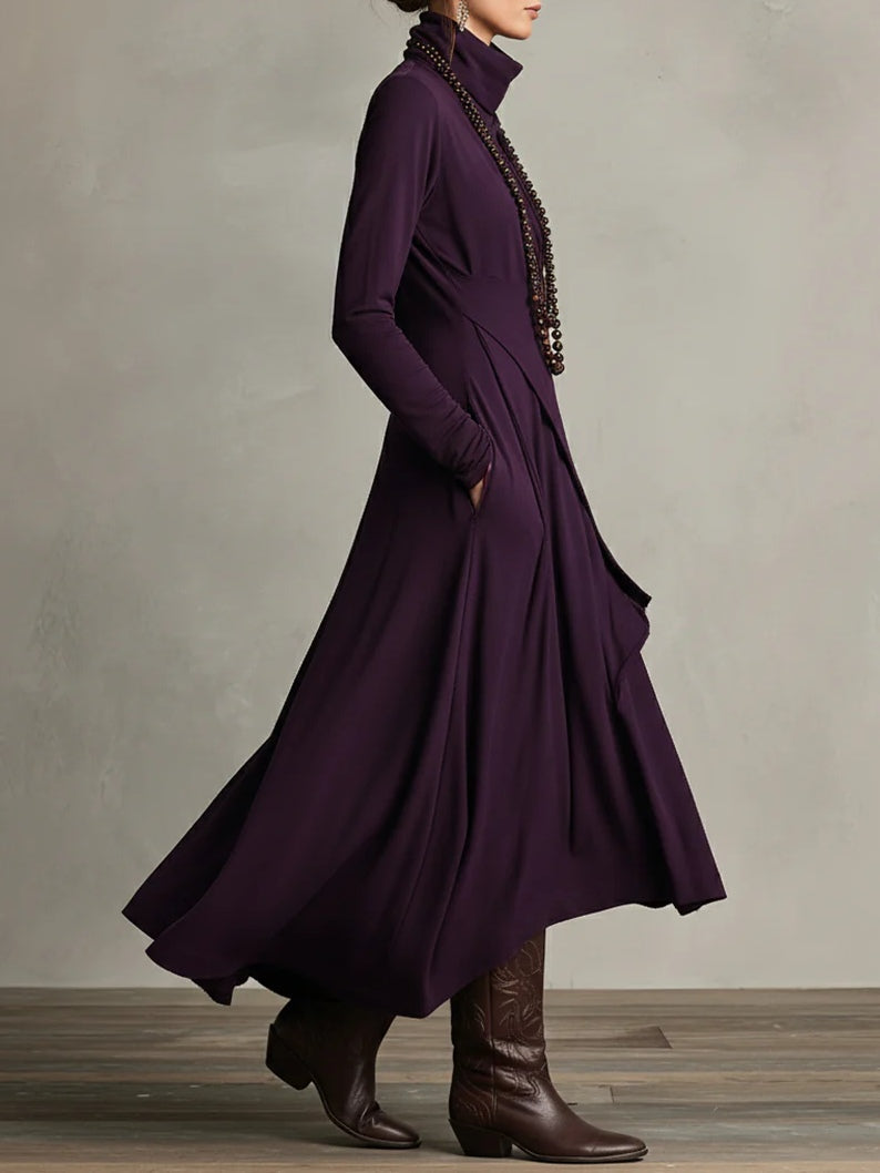 Paige™ – Purple High-neck Asymmetrical Pleated Maxi Dress (Necklace not included）