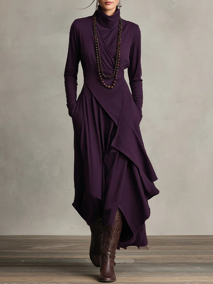 Paige™ – Purple High-neck Asymmetrical Pleated Maxi Dress (Necklace not included）