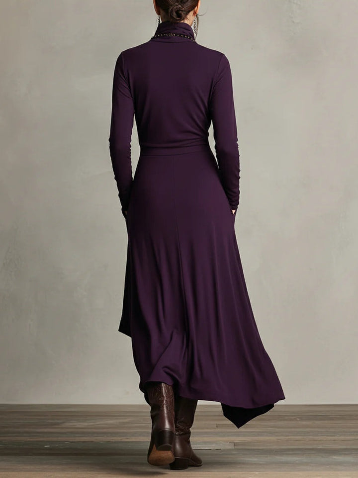 Paige™ – Purple High-neck Asymmetrical Pleated Maxi Dress (Necklace not included）