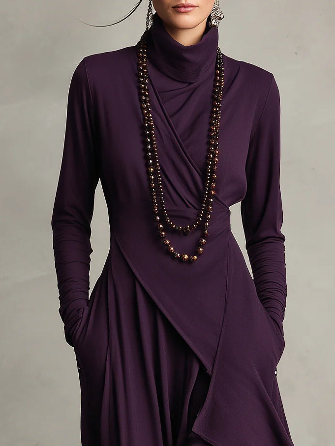 Paige™ – Purple High-neck Asymmetrical Pleated Maxi Dress (Necklace not included）