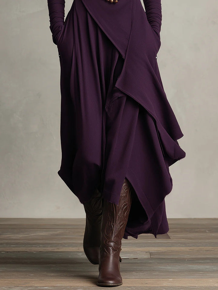 Paige™ – Purple High-neck Asymmetrical Pleated Maxi Dress (Necklace not included）