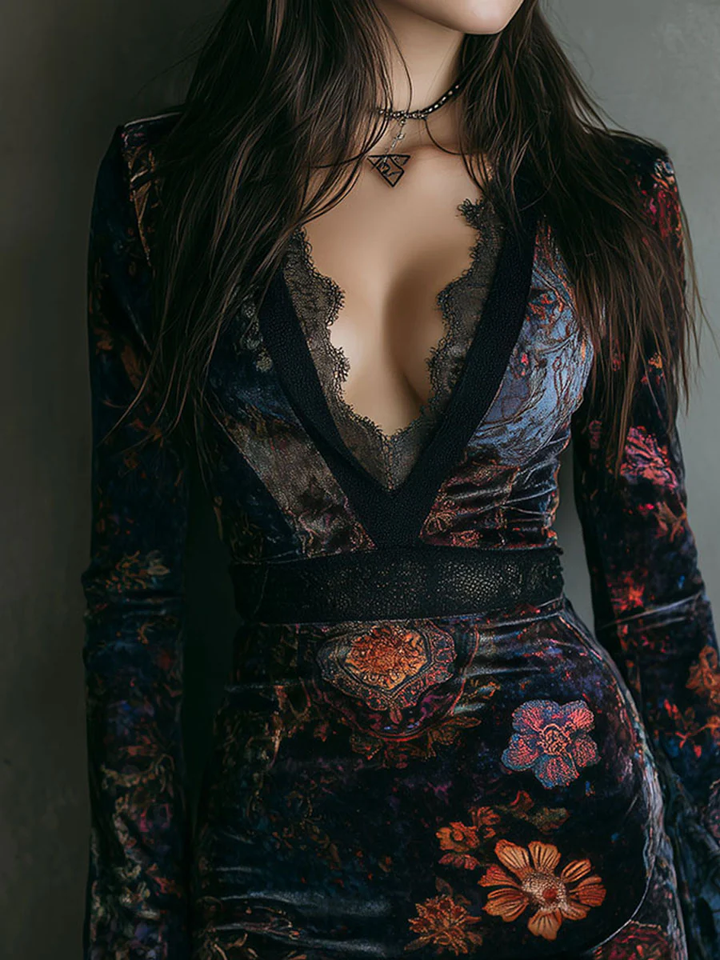 Ivy™ – Floral Print V-neck Velvet Lace Trim Slim-fit Mini Dress