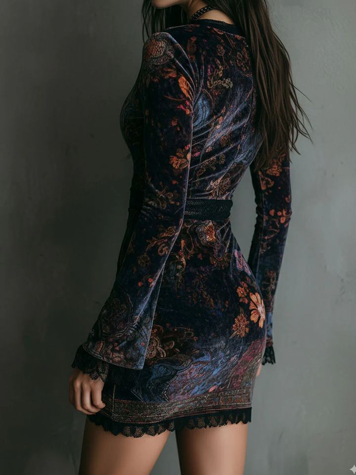 Ivy™ – Floral Print V-neck Velvet Lace Trim Slim-fit Mini Dress