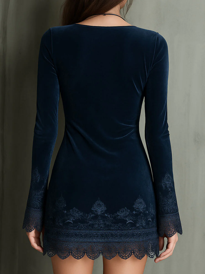 Jessica™ – Navy Blue V-neck Embroidered Bell Sleeve Velvet Lace Trim Mini Dress