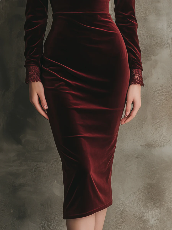 Quietly Luxurious And Elegant Lace Velvet Midi Dress