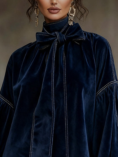 Maisie™ – Dark Blue Velvet Bow Lantern Sleeve Mini Dress