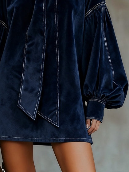 Maisie™ – Dark Blue Velvet Bow Lantern Sleeve Mini Dress