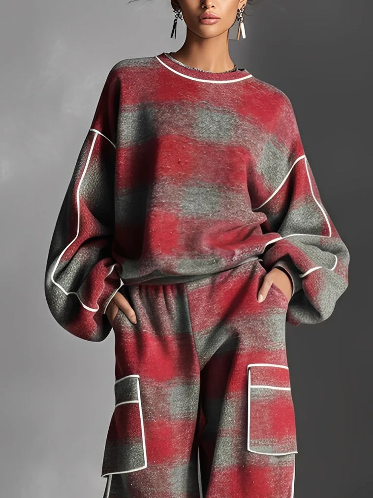 Lola™ – Red and Gray Plaid Color-blocked Sweatshirt and Casual Pants Two-piece set