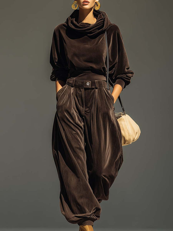 Mia™ – Vintage brown velvet hoodie and loose-fitting trousers set (Includes belt）